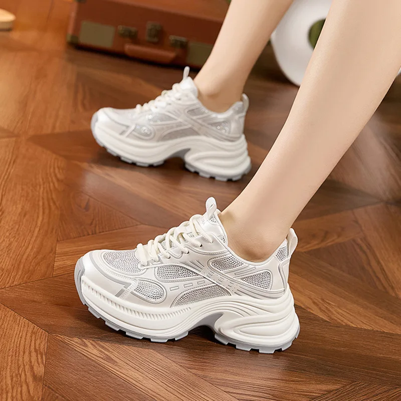 Silver Thick-soled High-rise Shoes for Women 2025 Spring New Rhinestone High-end Comfortable Shoes Casual Running Sports Shoes