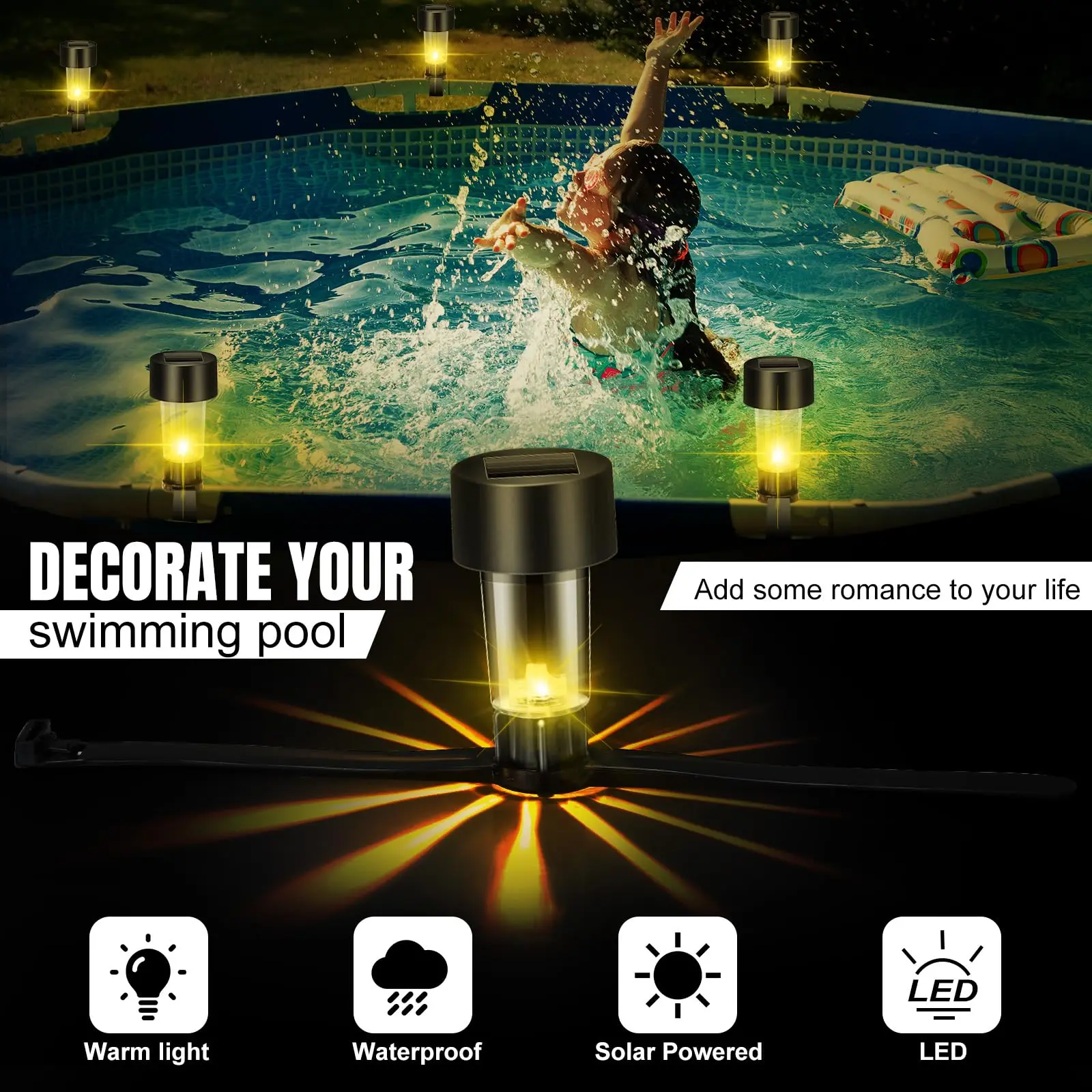 1/6 عبوة من مصابيح حمام السباحة الشمسية الدافئة/الأبيض/RGB LED مع أشرطة رمادية، مناسبة لحمامات السباحة ذات الإطار الأرضي/المعدني |   إضاءة حمام السباحة في الهواء الطلق