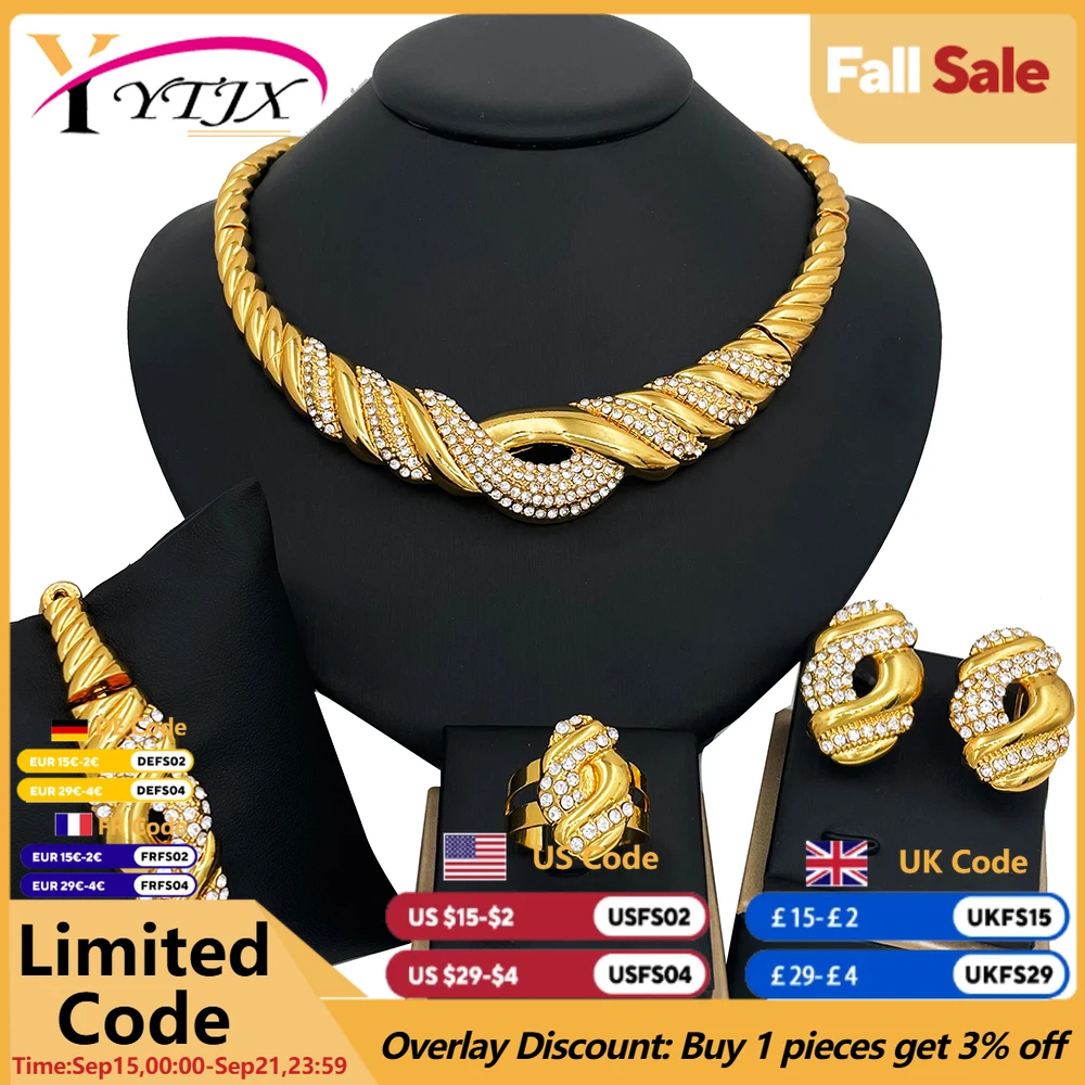 

YTJX 4 Pcs Wedding Jewelry Set Fine Zircon Necklace Bracelet Earring Ring For African Dubai Gold Plated Jewellery Accessories