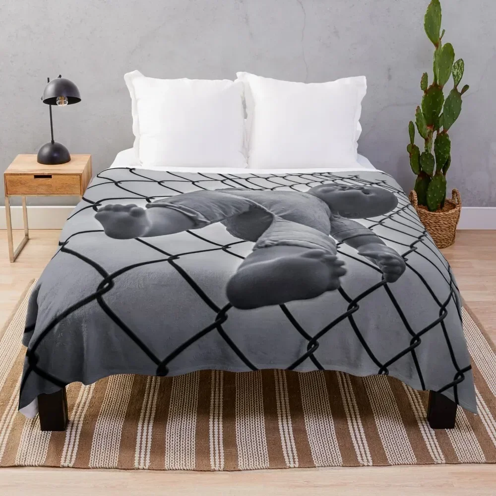 

Creepy doll tied to a barbed-wire fence on a stormy day Throw Blanket Shaggy Furry Soft Blanket for Bedroom Living Room