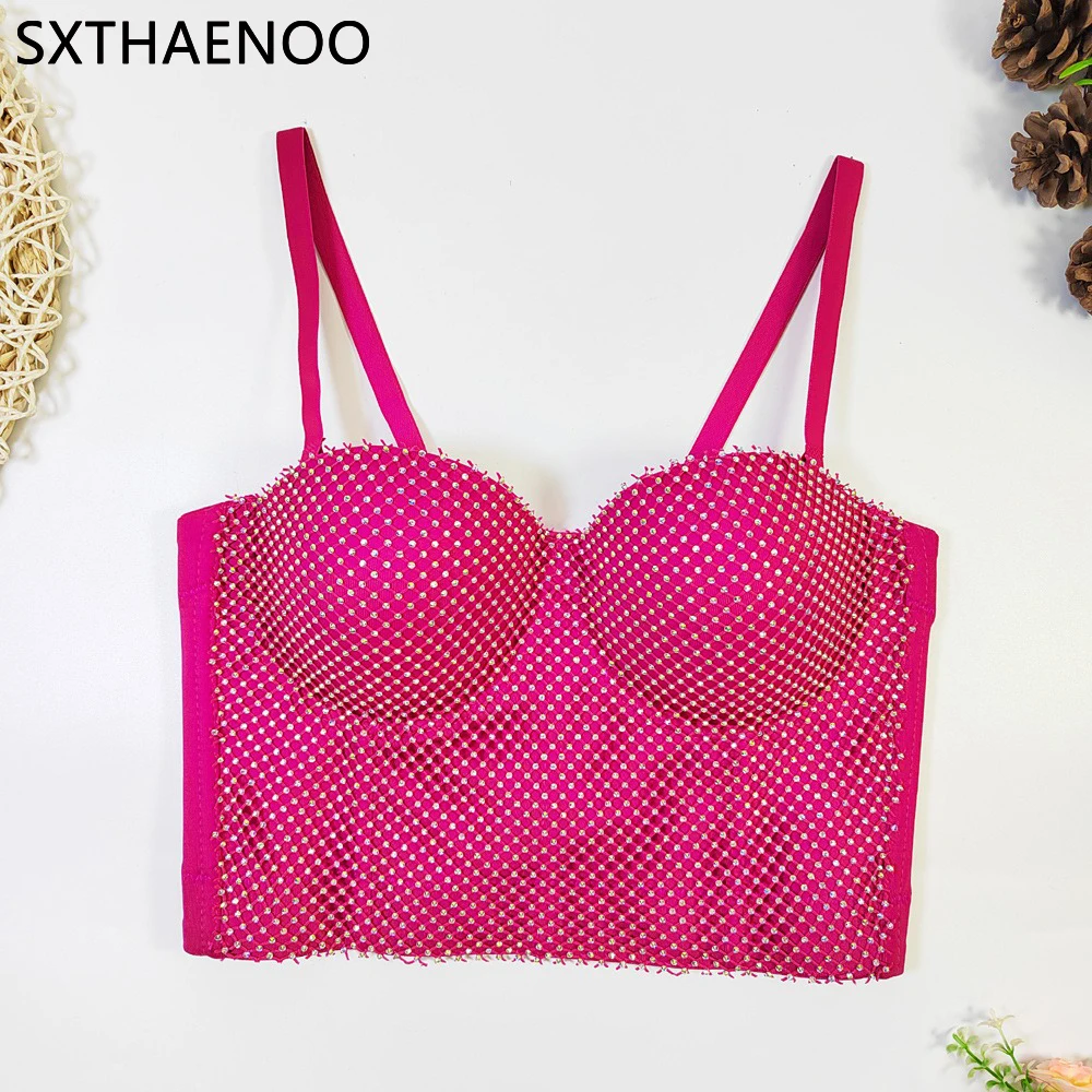 

SXTHAENOO New Elegant Spaghetti Strap Women Sexy Diamond Grid Spliced Femme Corset Crop Tank Tops with Built In Bras Camisoles