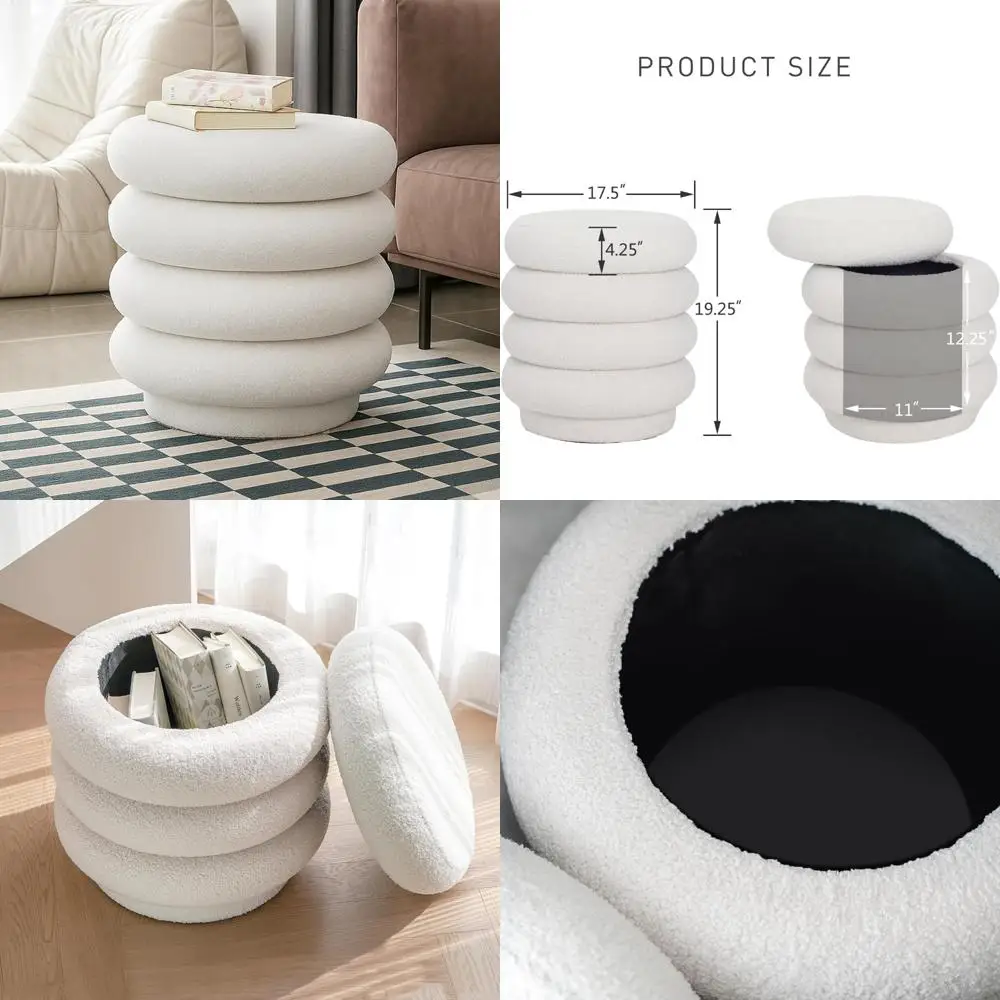 

Modern Upholstered Round Fabric Ottoman Storage Footrest Vanity Chair with Padded Seat and Lid for Living Room