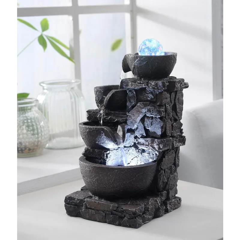 

Tabletop Fountain Indoor Stone Four Bowls Waterfall Natural River Rocks Home Décor Decorated Colorful Cold RGB Lights Rolling