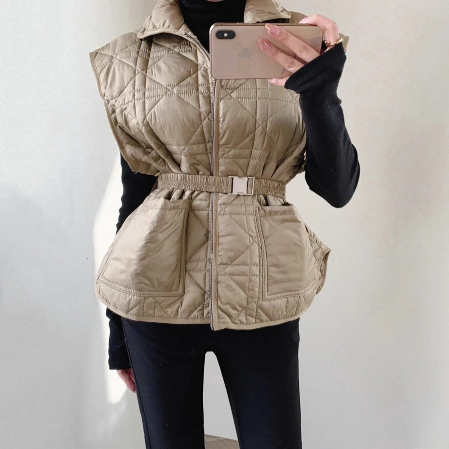 

Retro Faionable Heavy Embroidery Diamond Pattern Jaet Women's Cotton Coat with Belt Slimming Waist Cinching Vest