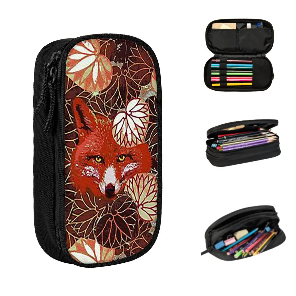 Red Foxes Among The Black White Leaves And Foliage Pencil Cases Large Storage Pen Bags Pen Box Pencil Pouch For Boys Girl School