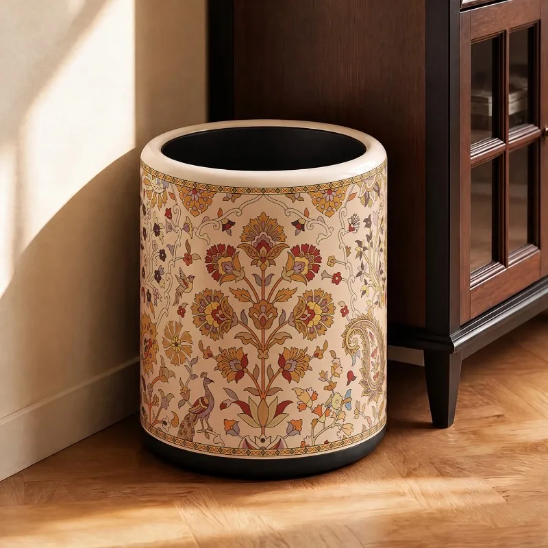 Large Capacity Luxury Minimalist Waste Bin, Vintage Paisley Pattern Trash Can for Home Living Room Bedroom & Study Storage