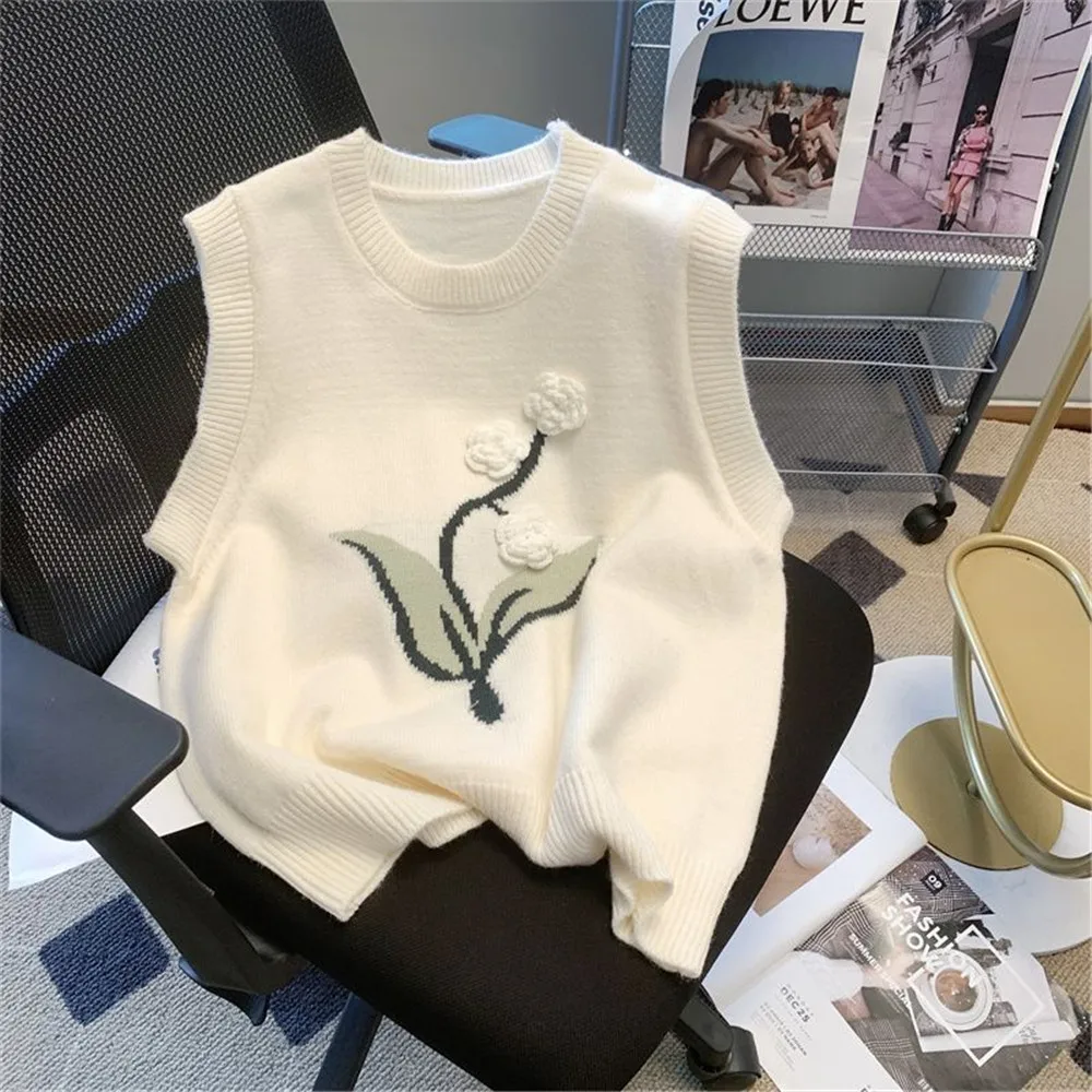 Autumn Fashion Design 3d Flower White Knitted Vest Women Winter New Loose O-Neck Sleeveless Knitting Sweater Top Woman Clothing