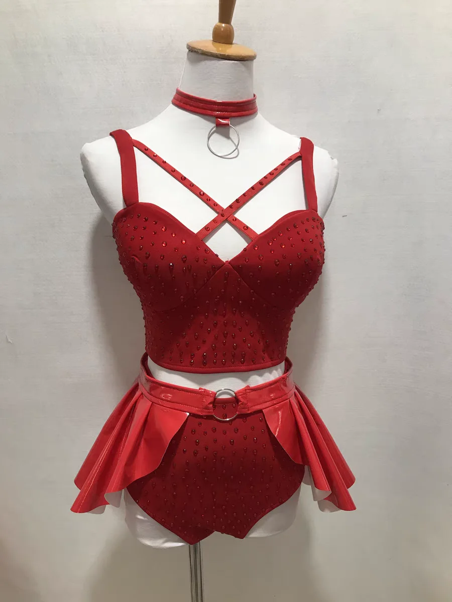 

Nightclub Bar DJ Female Singer Leading Dance Stage Performance Clothing Sexy Ultra Dense Sparkling Diamond Red Split Suit