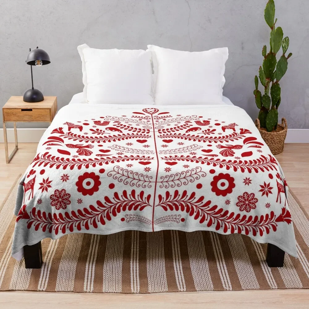 

Red Scandinavian Folk Art Style Christmas Tree Design Throw Blanket Decorative Sofa For Decorative Sofa Blankets