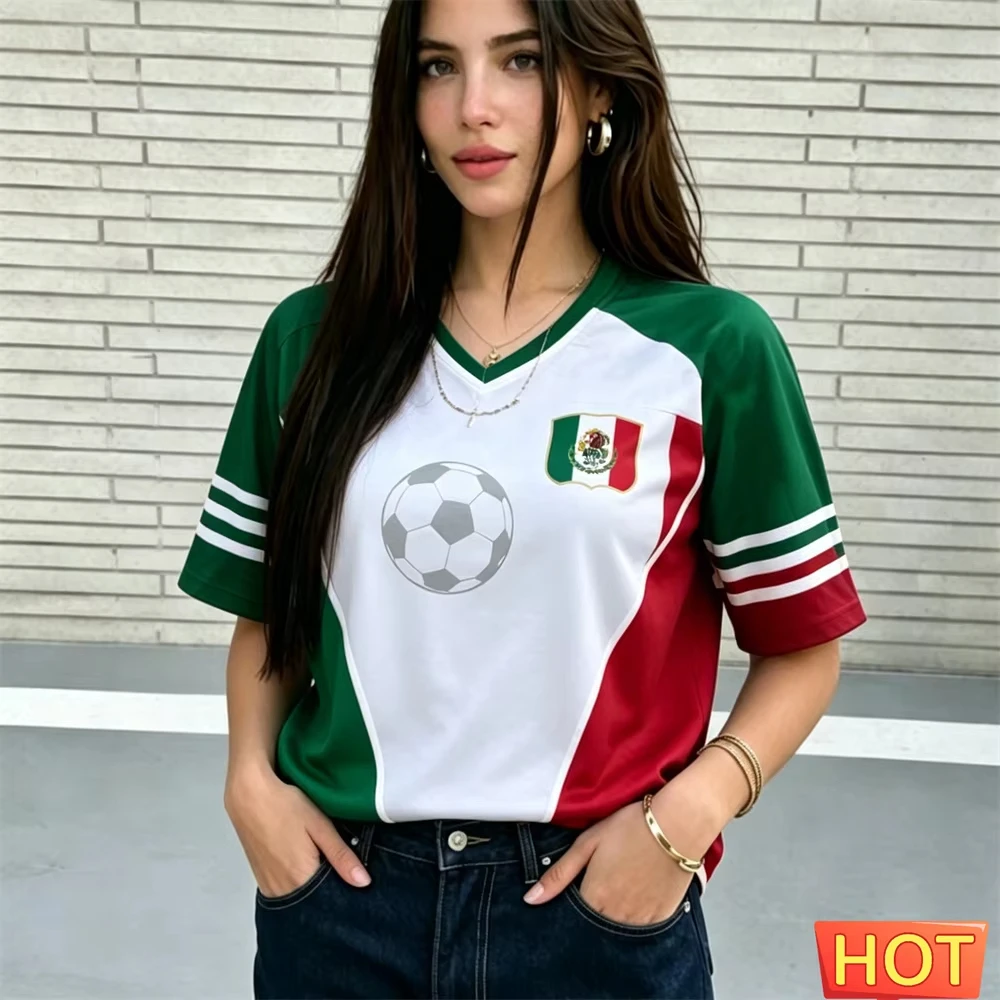 Maillot de football style Mexique pour femme, col en V, respirant, en polyester, pour l'été