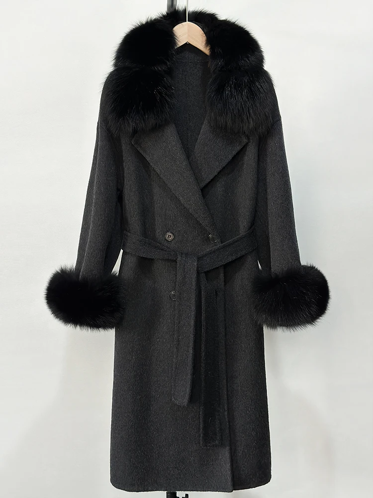 جديد الخريف الشتاء سيدة الموضة الدافئة الصلبة طويلة الصوف الحقيقي الفراء سترة الإناث الطبيعية الثعلب الفراء الكفة معطف الصوف الملابس السوداء