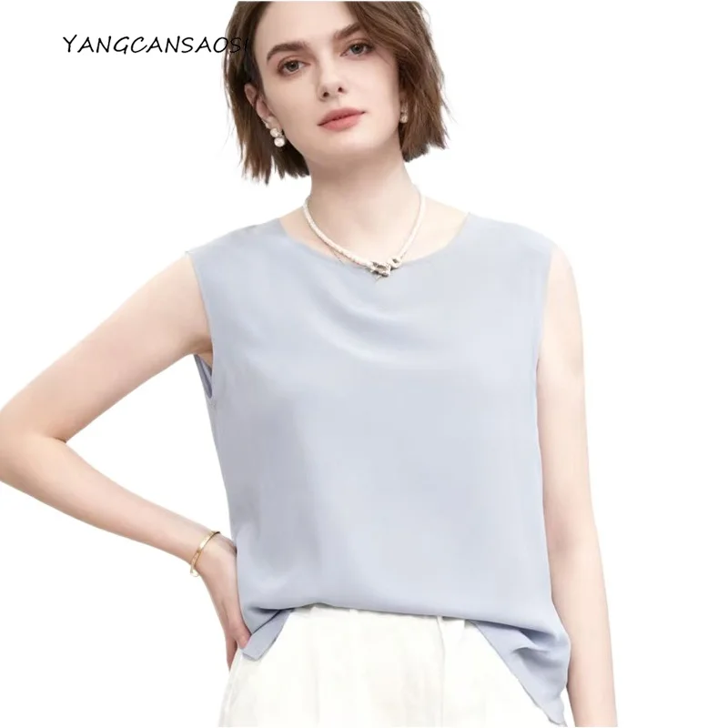

2025 Women's Fashion Summer Clothing Sky Blue 100% Natural Mulberry Silk Crepe De Chine Simple Commuting Round Neck Casual Vest