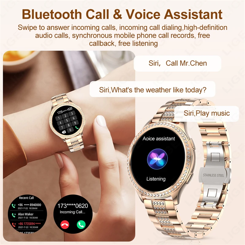 Womens Smart Watch Fashion Smart Bracelet 1.32-inch HD Screen BT Call Sport Waterproof Personalized Watch Face Smartwatch Ladies