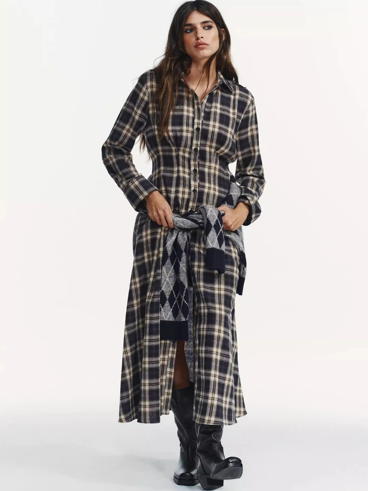 Herfst Winter Nieuwe Collectie Lange Gevouwen Kraag Plaid Midi irt Dr vrouwen Pendelen Faionable Vintage Sle Katoenmix