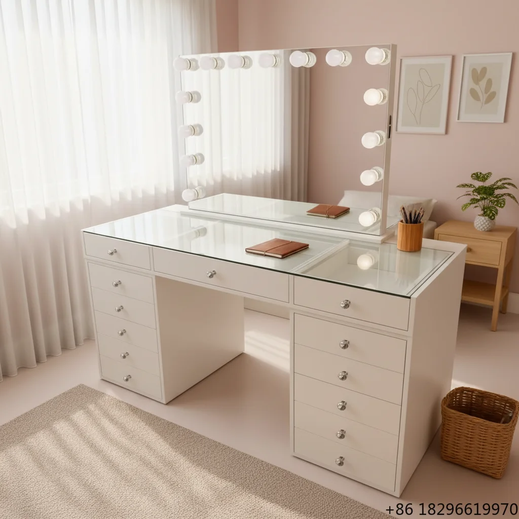 

LED Vanity Table Mirror With Light Large Capacity Dressing Table Makeup Desk For Bedroom Furniture