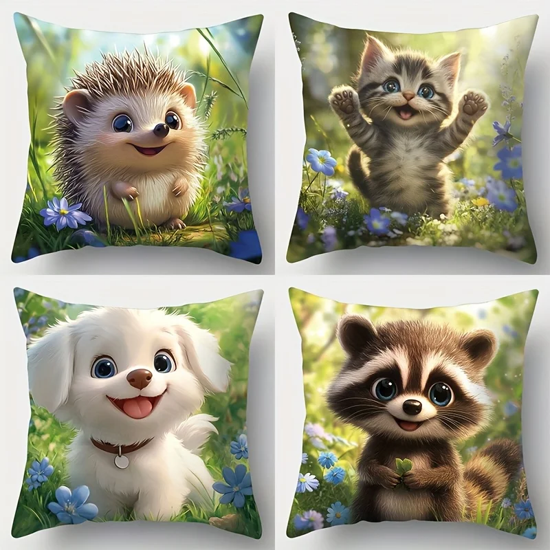 4-Piece Spring Printed Pillowcase Set – Featuring Puppies, Hedgehogs, Raccoons & Kittens