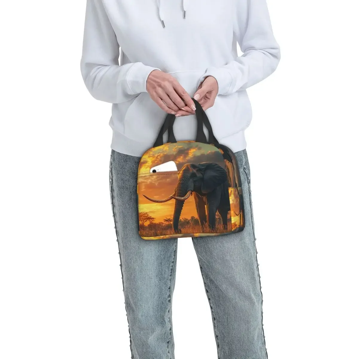 Elephant In The Field Insulated Lunch Bag for Women Children Leakproof Food Boxes Thermal Lunch Box Tote
