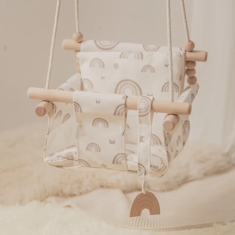 

Wooden Hanging Swing Seat Adjustable Safety Canvas INS Portable Baby Cushion Hammock 0-12 Months Toddler Outside Swing Chair