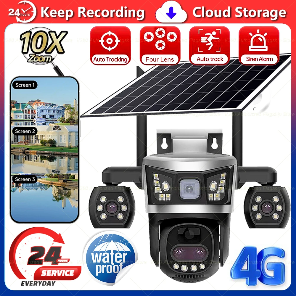 

Беспроводная IP-камера видеонаблюдения с 10-кратным зумом, 3G/4G LTE, на солнечной энергии, для умного дома, с защитой от взлома, обнаружением движения и гуманоидов, 4 объектива