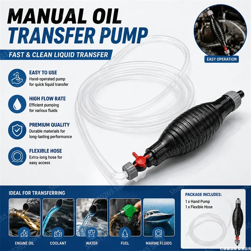 Manual Siphon Oil Transfer Pump with Hose, Multi-Purpose Fluid Extractor for Fuel Coolant Water Car Boat Motorcycle