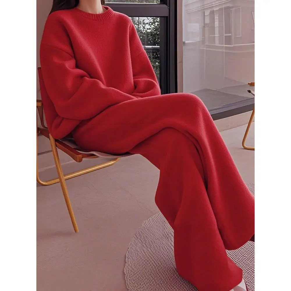 2025 Otoño Invierno nueva señora traje acogedor suéter de punto pantalones conjuntos 2 piezas mujeres elegante suéter de cuello alto pantalones de pierna ancha