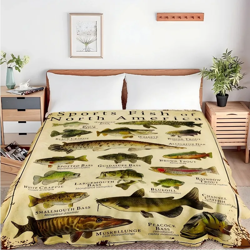 Throw Sports Fish Pattern Flannel Blanket for Couch Bed Sofa Cozy Comfy Warm Blankets Festival Gifts Family Decor All Season