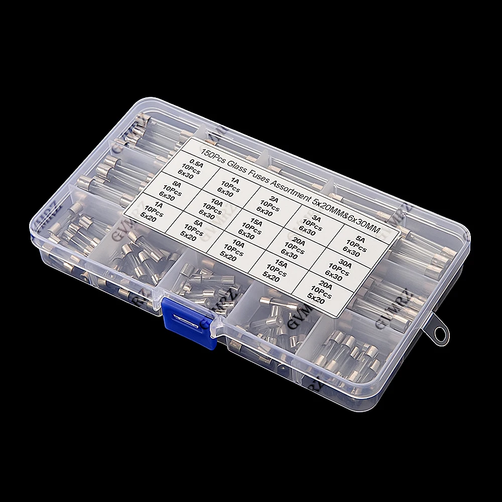 150PCS 0.25A-30A 15value 0.25A 0.5A 1A 2A 3A 5x20mm 6x30mm Glass Fuse Assorted Kit Box 5A 8A 10A 15A 20A 30A