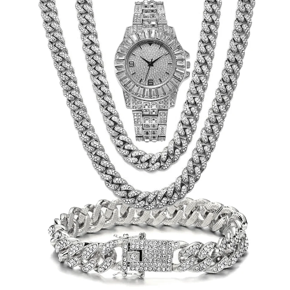 

Iced Out Мужчины Женщины Хип-Хоп Майами Кубинская Цепочка Большая Золотая Цепочка Ожерелье Модный Комплект Ювелирных Изделий Блестящие Часы со Стразами