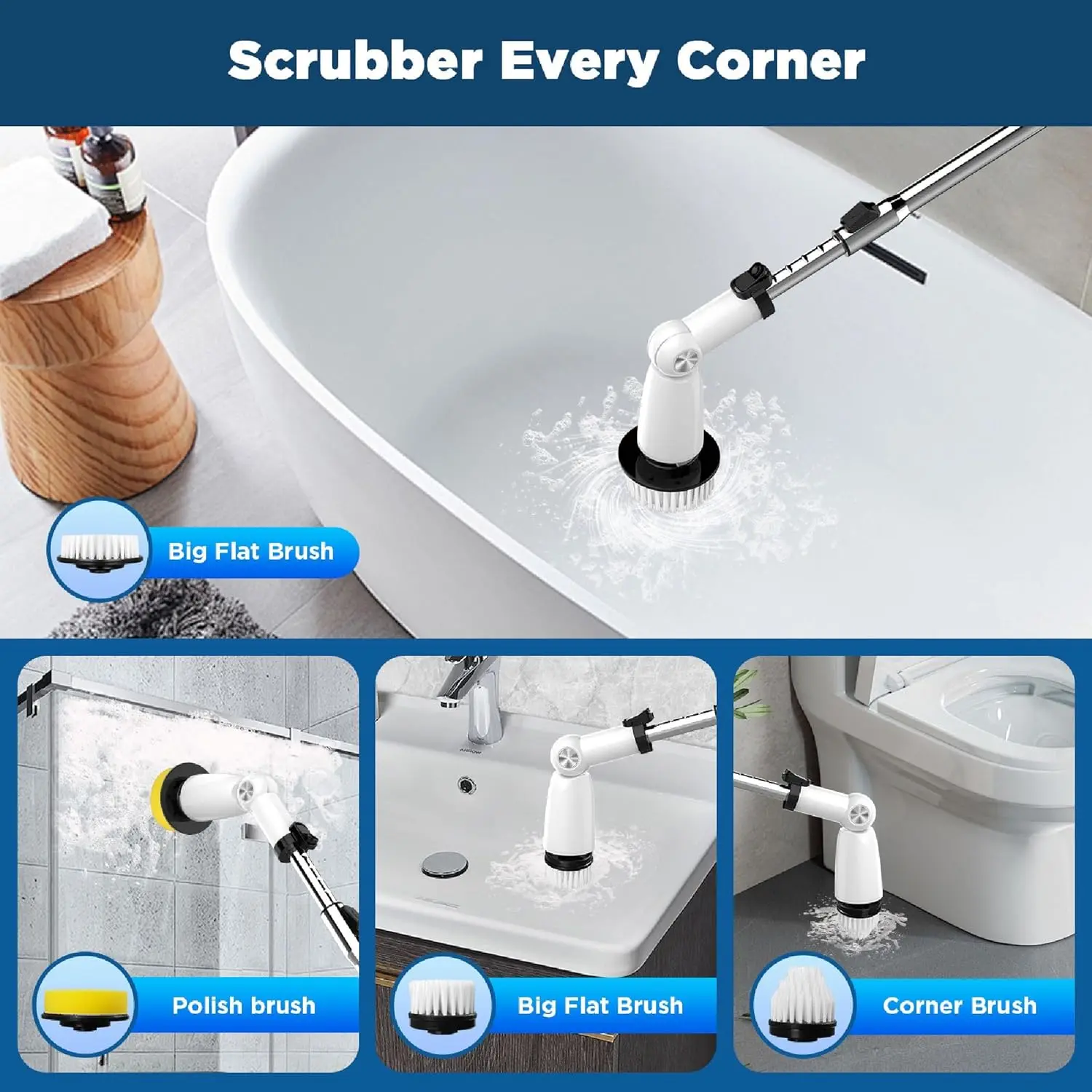 منظف دوار كهربائي مع 4 رؤوس، مقبض قابل للتمديد، سرعة مزدوجة، شحن USB-C - للاستحمام، حوض الاستحمام، البلاط، الأرضية #6