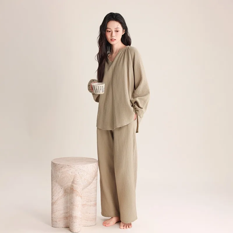Ladies' Double-layer Chiffon Pajamas with Thin V-neck Pullover Simple Elegant All-cotton Home Wear Set That Can Be Worn Outside.