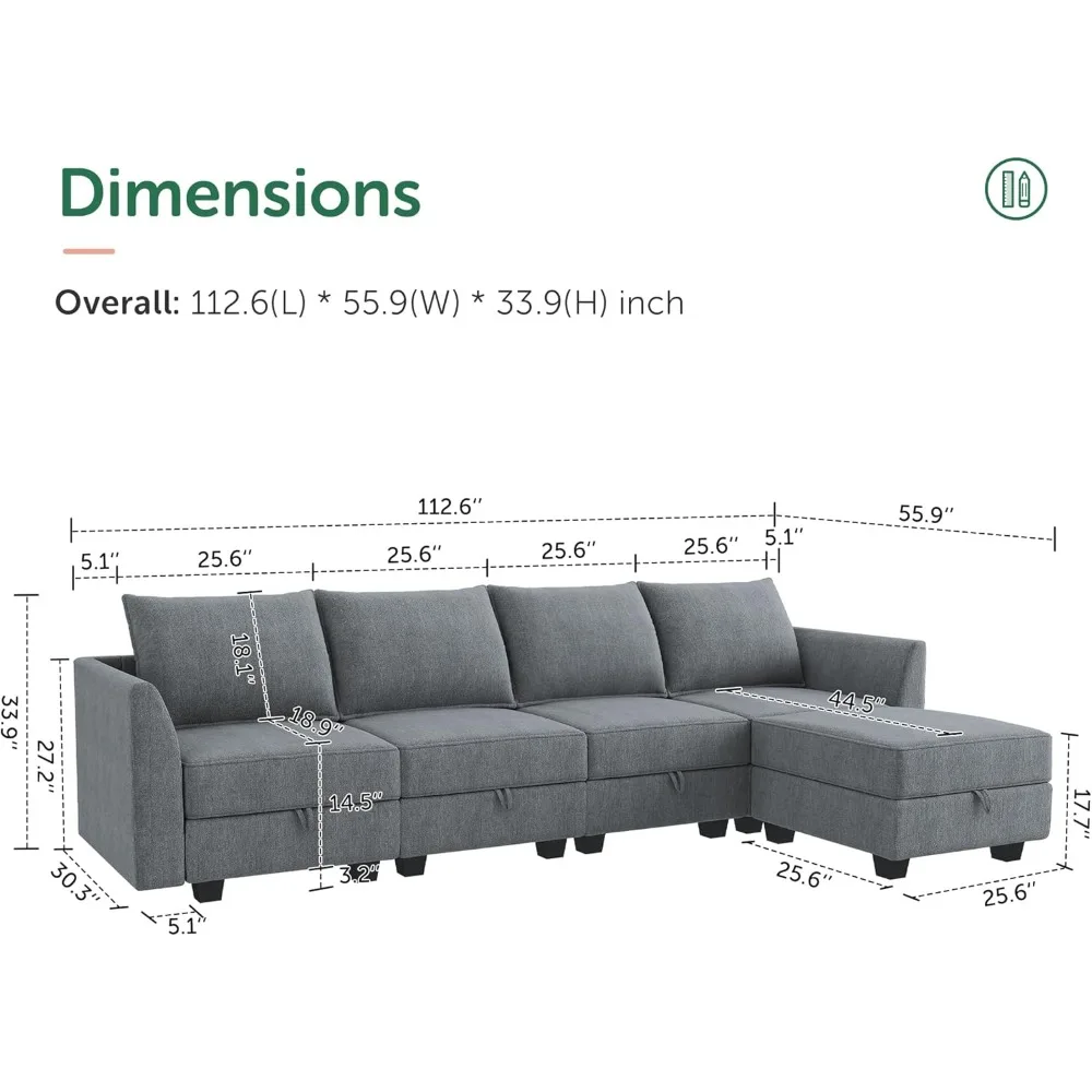 Modular Sectional Couch with Reversible Chaise L-Shape Sofa 4-Seat Corner Couch Modular Sofa with Storage Seat