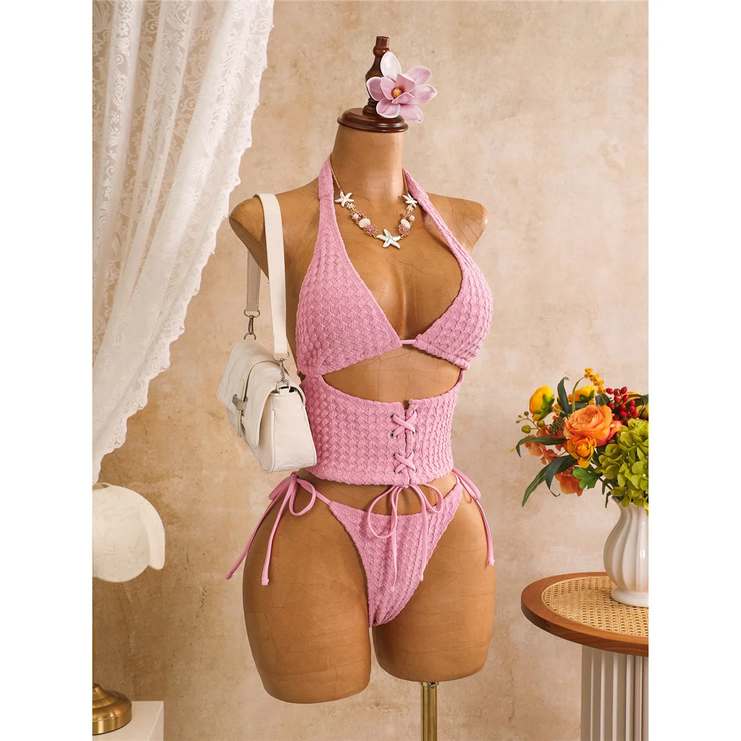 Tankini mit Schnürung, Neckholder-Bikini, Damen-Badeanzug, zweiteiliges Bikini-Set, Badeanzug mit hohem Beinausschnitt, Badebekleidung, Schwimmanzug V8340 – Detail 16