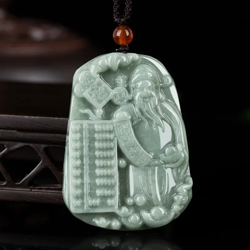 

Certificate Natural Emerald God of Wealth Pendant Necklace Hand-Carved Chinese Charm Jadeite Jewelry Gifts Women Sweater Chain