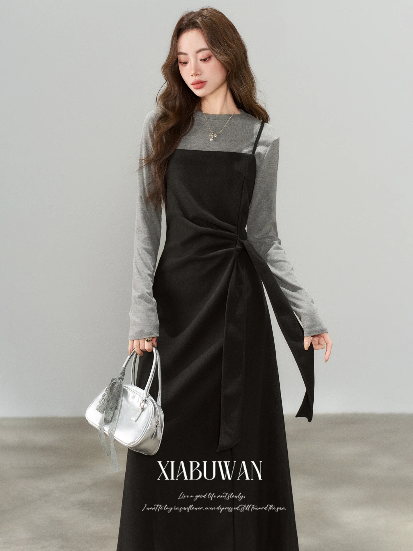 

Женский комплект из двух предметов с бретелями, осенне-зимний, новая корейская версия, высокое качество, длинный рукав, круглый вырез, футболка...