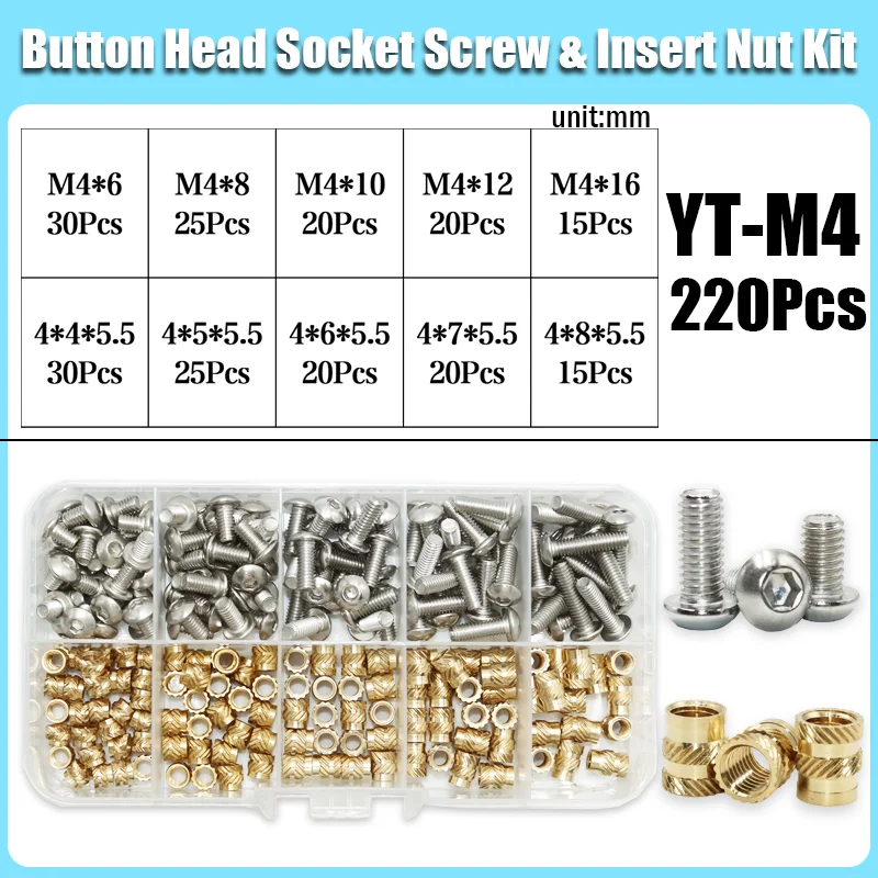 Messing-Einsatzmutter und Edelstahl-Schraubensatz M2 M3 M4 Gewinde Heat Set Einsätze Drucken 3D-Kupfer-Heißschmelzmuttern Maschinenschraube