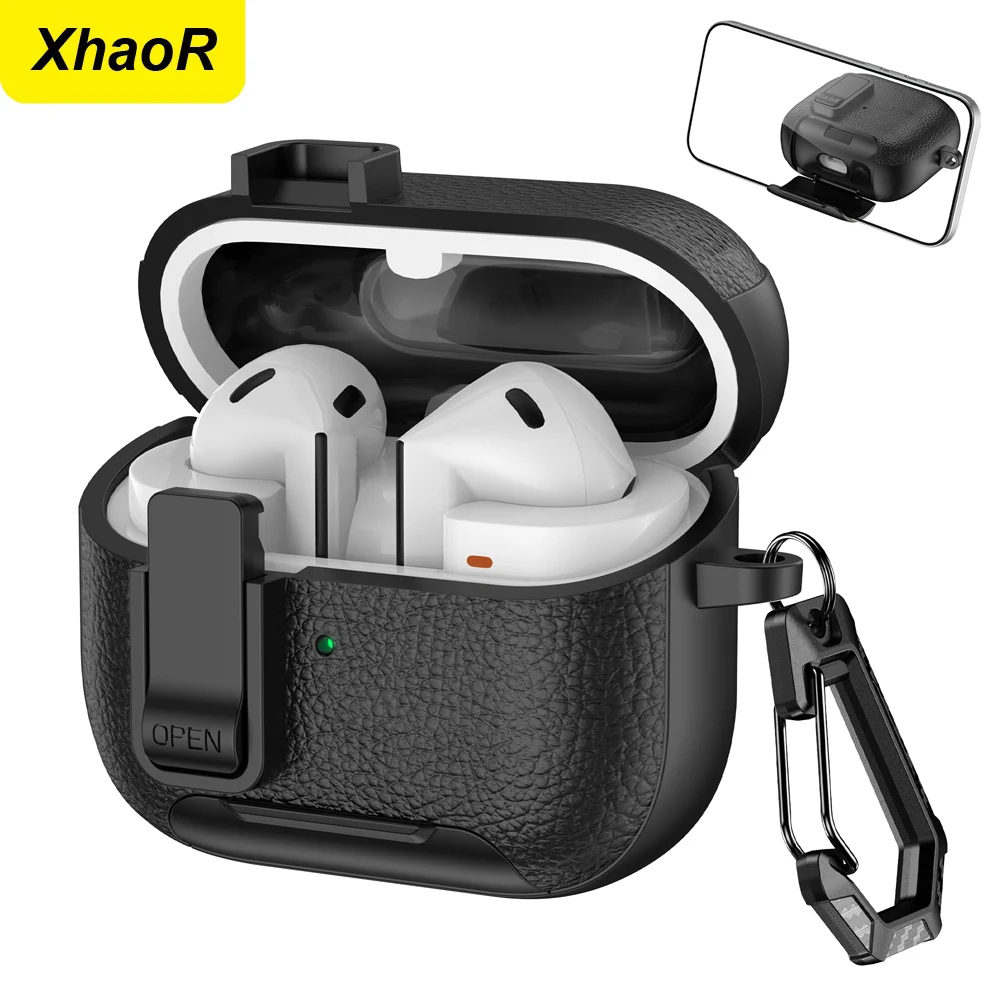Capa Protetora com Textura de Couro para Samsung Galaxy Buds 3 FE Buds 3 Pro, Acessórios para Fones de Ouvido com Suporte e Chaveiro