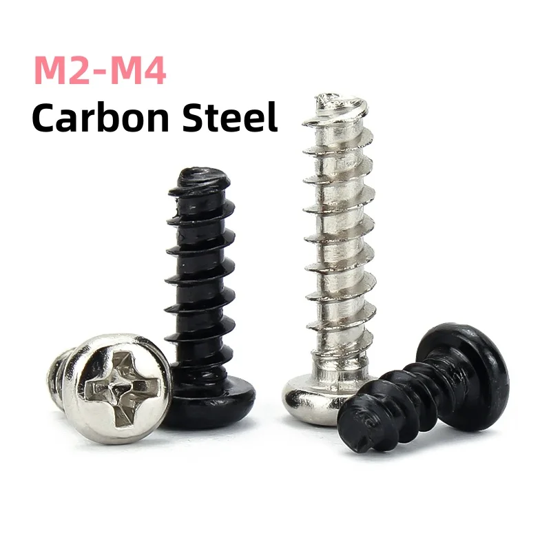 M2-M4 Nickel Plated Black Carbon Steel Phillips Round Head Cutting Tail Self Tapping Screw Head Self-tapping Flat Tail Screws