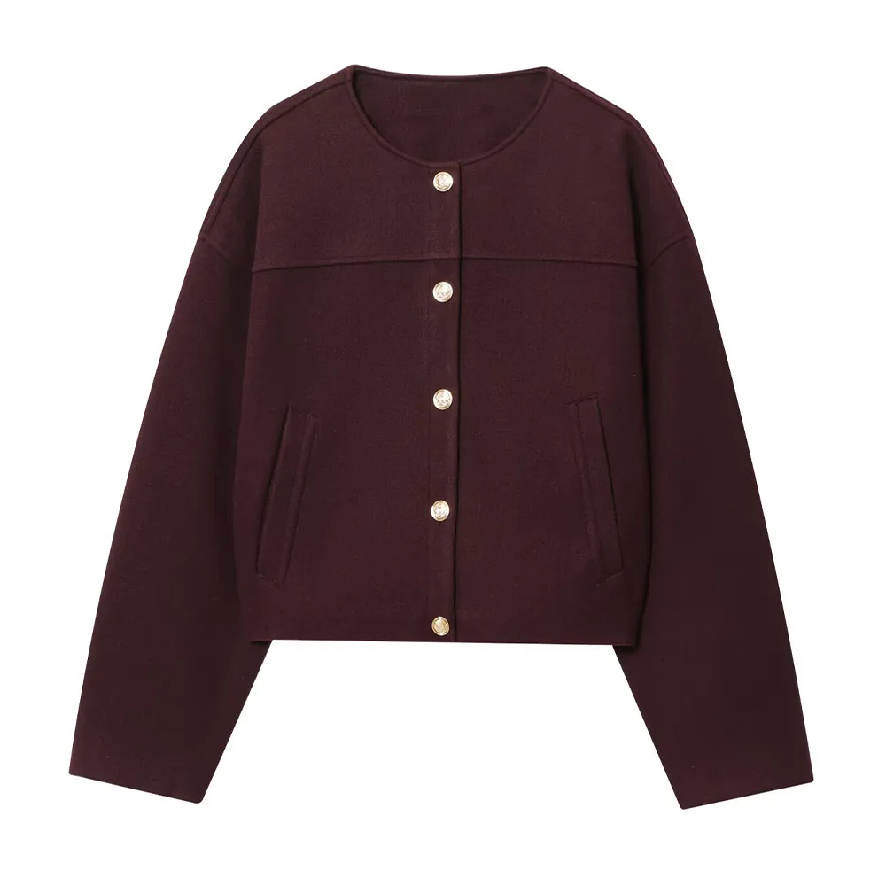 

ЖЕНЩИНА 2025 г., модная осенняя новая короткая шерстяная куртка в европейском и американском стиле, шикарная куртка с круглым вырезом, верхняя одежда Mujer