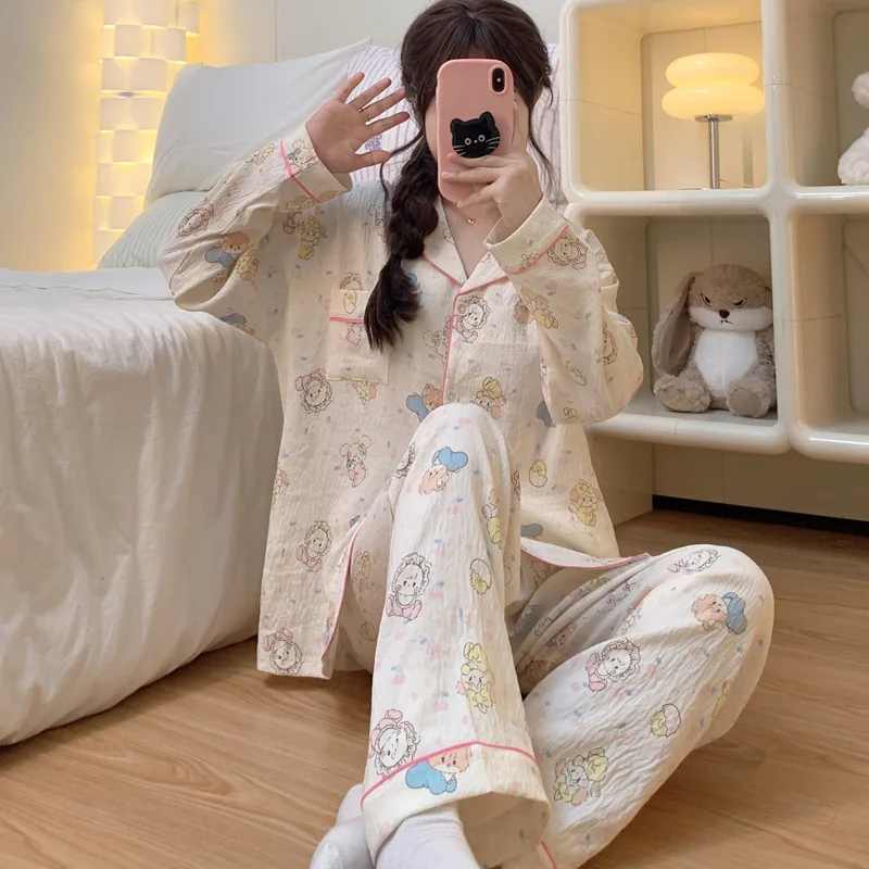 Kawaii Mikko Long Sleeves Pajamas Pants Leisure Home Wear Cloud Cotton Cartoon Print Cute Girl Gift Birthday Gift For Girlfriend