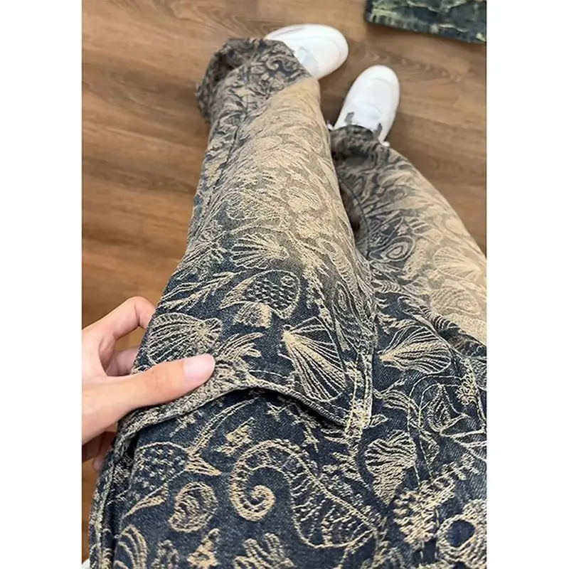 American Retro Full-print Jacquard Jeans Men Autumn and Winter Long Trousers Slim Slim Straight and Flared Pants