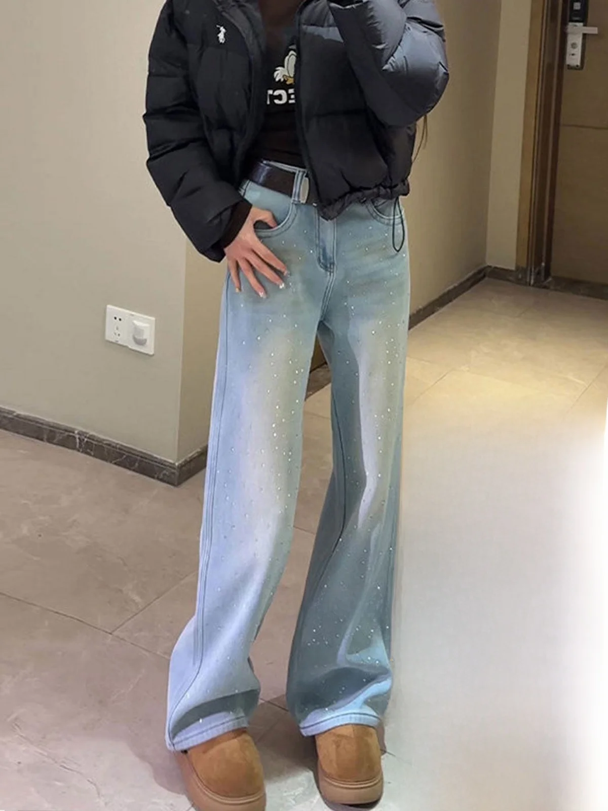 

Light Blue Fce Lined Straight Leg Denim Jeans Women's High Waist Wide Leg Pants Spring New Sle Slimming Tapered Fit