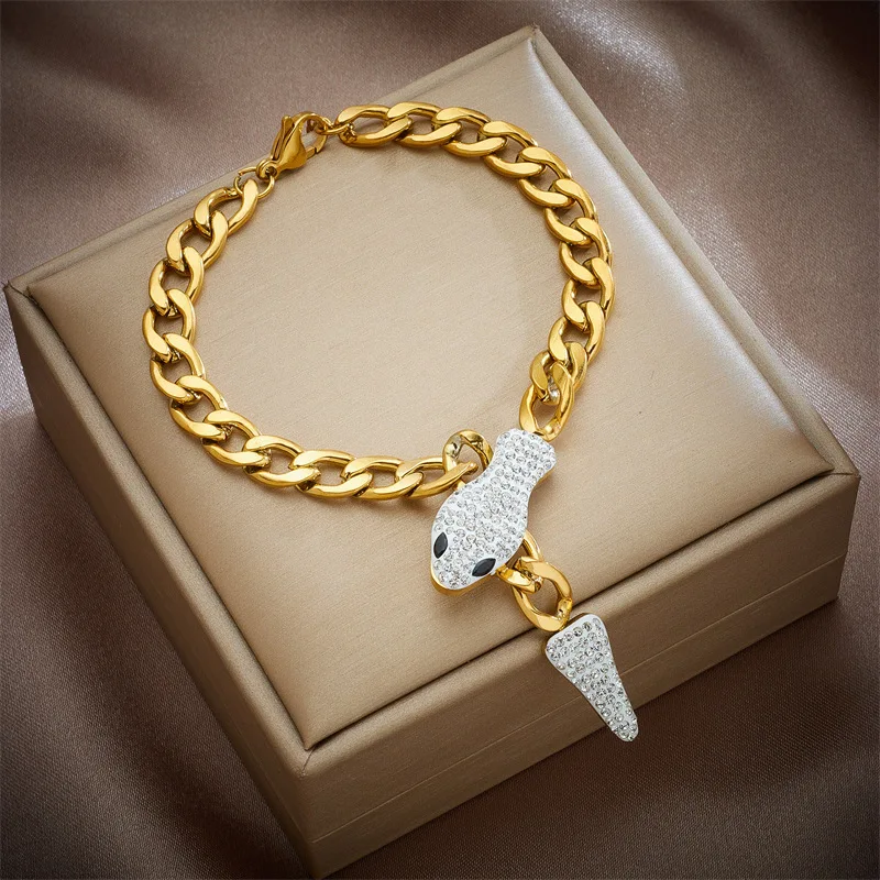 

Original New Stainless Steel Extend Chain Fashion Crystal Zircon Jewelry Serpentine Bracelet For Women RJ298