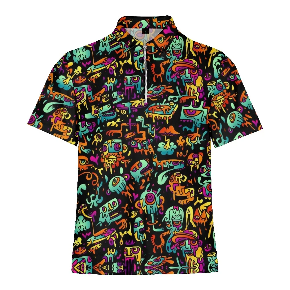 Cartoon Monster Graffiti Printed Summer Men\'s Zipper Collar Polo Shirts Casual Oversized Short Sleeve Fashion Tops Men Clothing