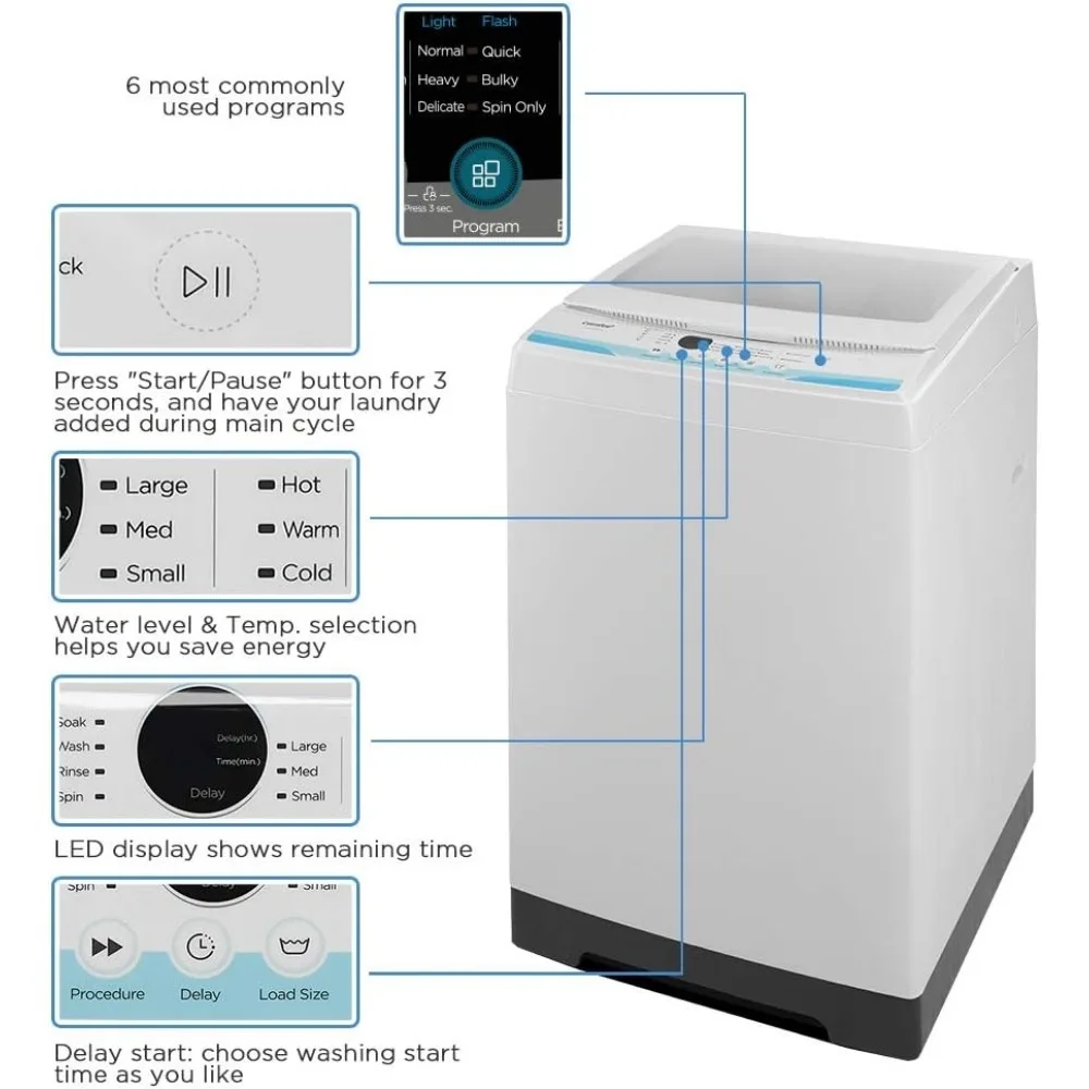 Lavadora portátil y compacta para lavandería, 6 modos, ahorro de energía, bloqueo infantil para RV, dormitorio, apartamento, blanco marfil