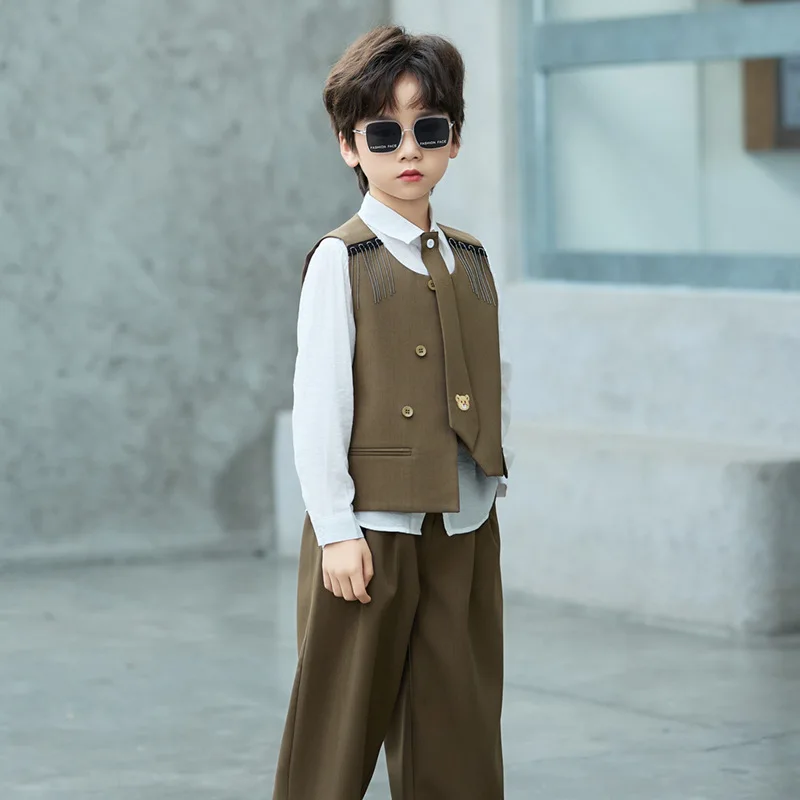 Kids Boys Vest Pant Suit Set Children Boy Elegant Simple Stage Performance Costume Spring Autumn Piano Host Outfit
