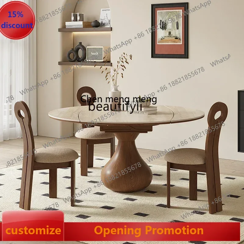 

ss7486 Slate solid wood embedded turntable induction cooker retractable square into round folding round table dining table house