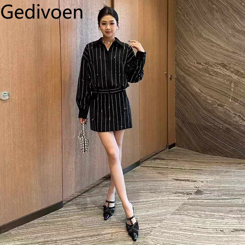 Gedivoen تنورة سوداء صغيرة قميص تنورة ضغط ساخن الماس شرابة تخفيف البوليستر طويلة الأكمام طية صدر السترة فستان عصري