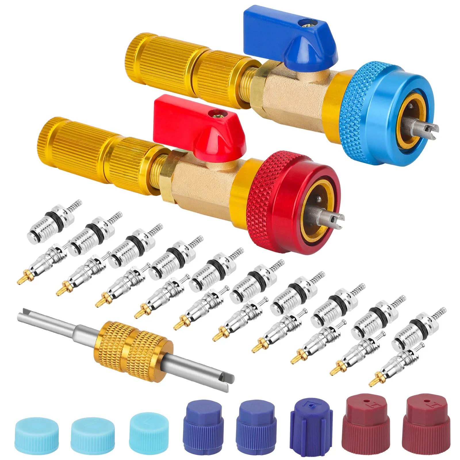 31PCS R134A Valve Core Remover Installer Kit, AC High Low Pressure Quick Couplers Tool Set with 10 Valve Cores & Caps