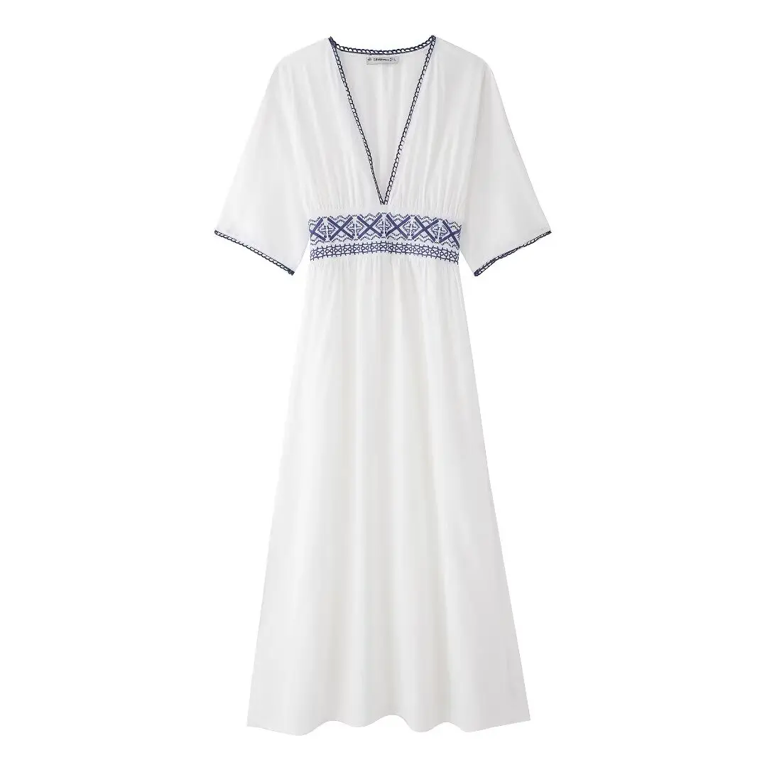 Women's Summer New Fashion Embroidery Decoration Linen Blended V Neck Midi Dress Retro Short sleeved Women's Dress Mujer