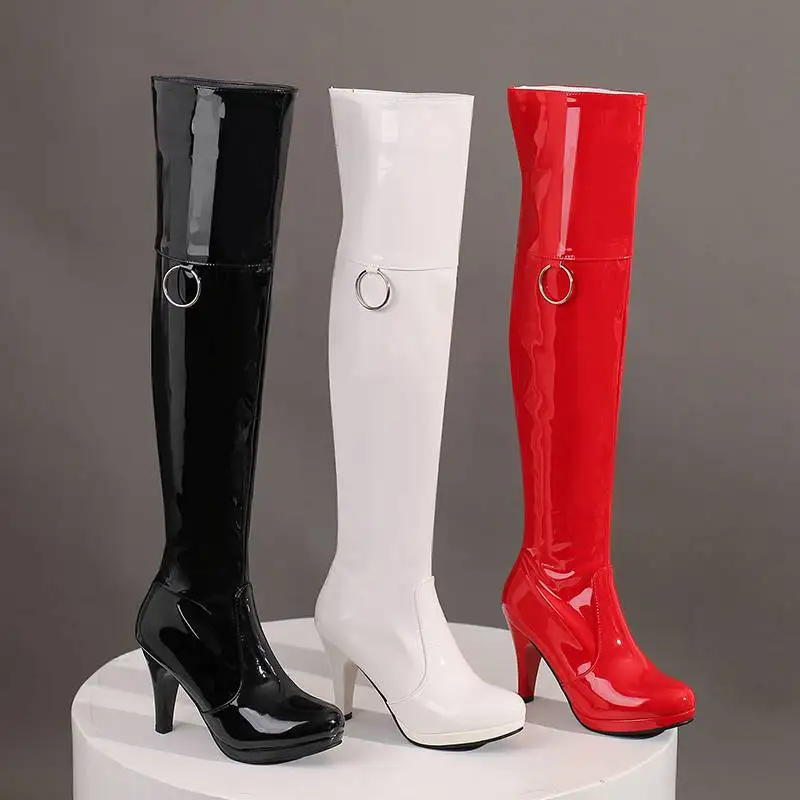 REAVE CAT Thigh Boots 50cm Shaft Round Toe Thin Heels 9.5cm Zipper Metal Decoration Big Size 43. Platform Fashion Party Booties